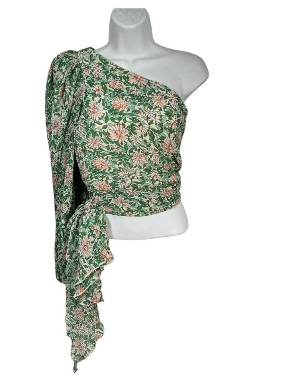 Lulu's Green Floral One-Shoulder Tie-Sash Blouse